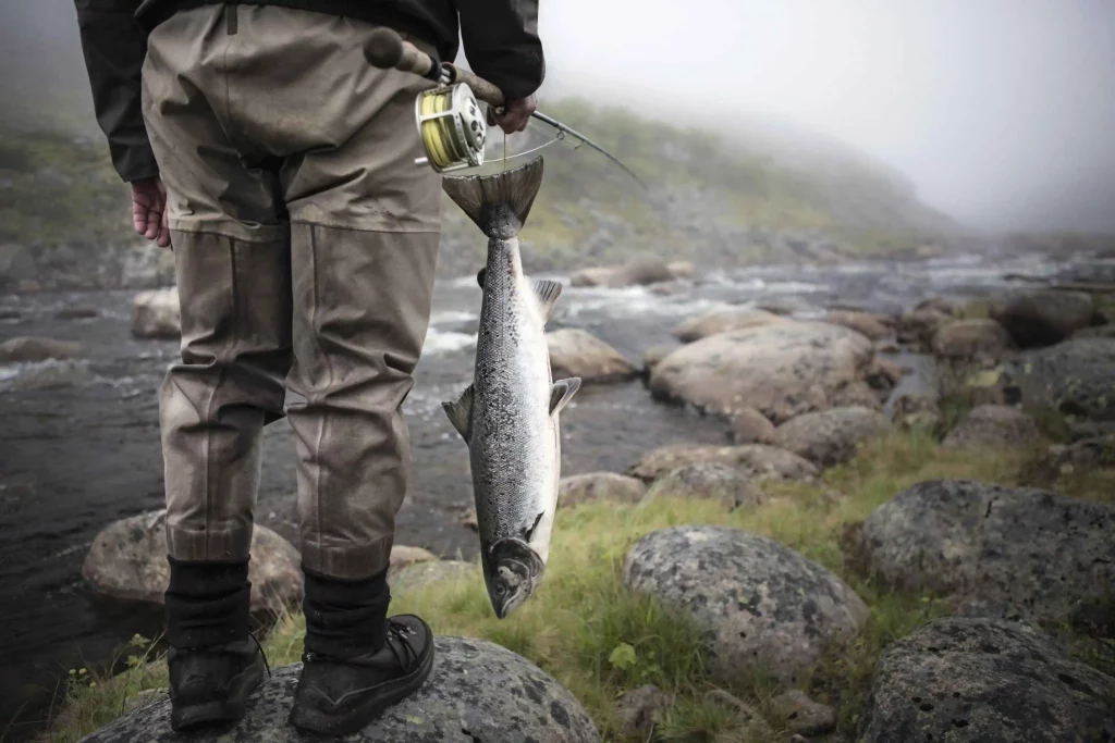 Man fly fishing & hunting fish