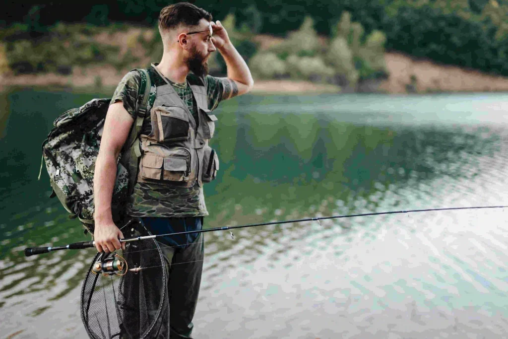 Man wearing fly fishing vest